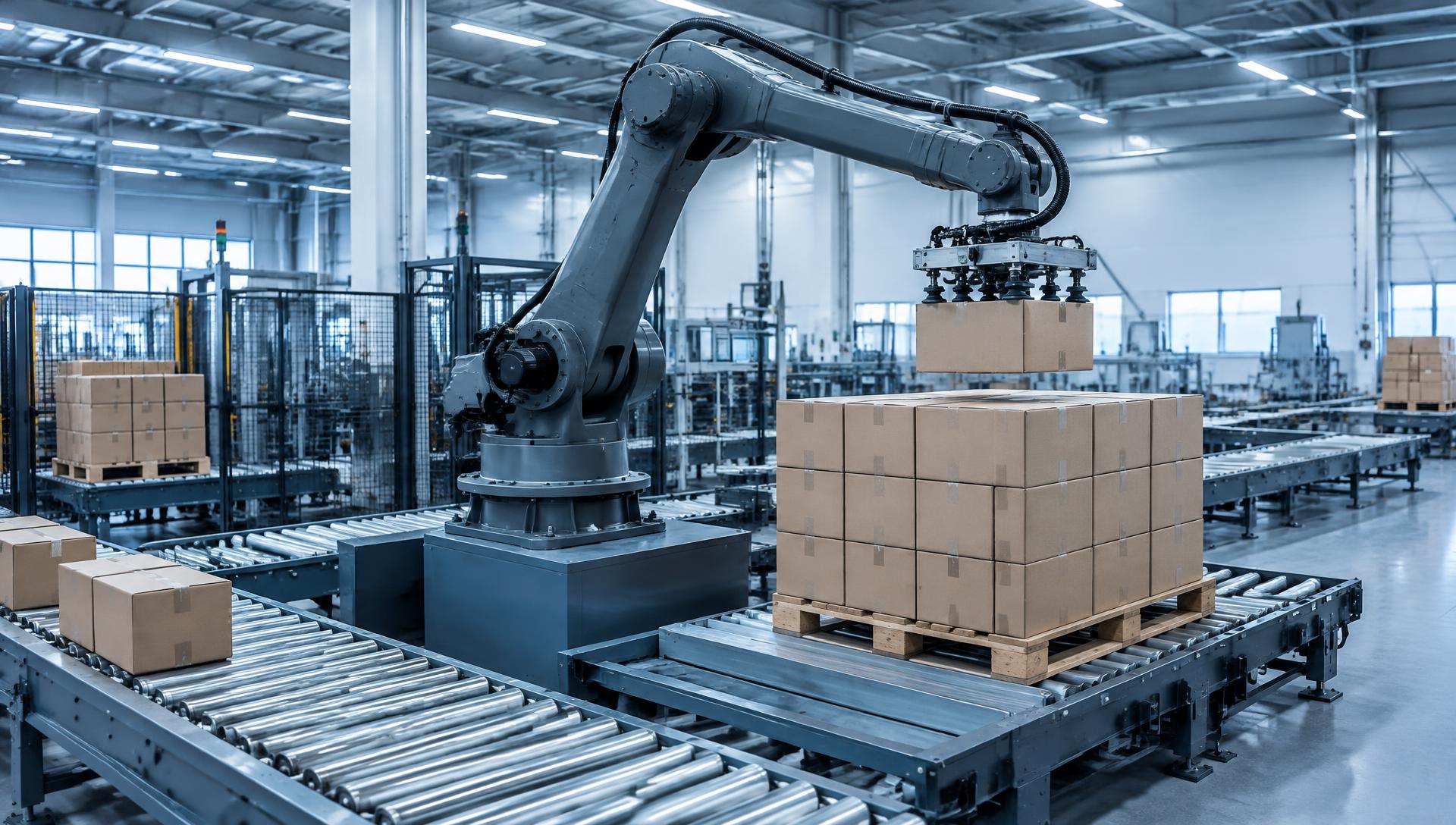 Industrial robotic palletizing and conveyor installation